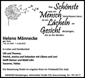 Traueranzeige von Helene Männecke von Braunschweiger Zeitung
