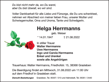 Traueranzeige von Helga Herrmanns von Helmstedter Nachrichten