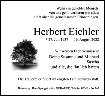 Traueranzeige von Herbert Eichler von Wolfsburger Nachrichten