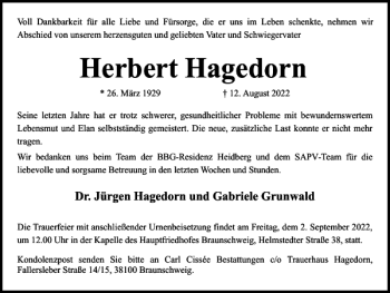 Traueranzeige von Herbert Hagedorn von Braunschweiger Zeitung