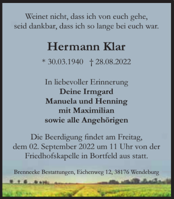 Traueranzeige von Hermann Klar von Braunschweiger Zeitung