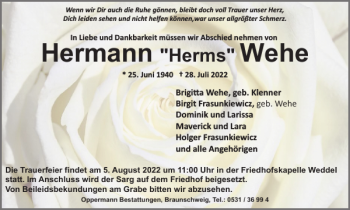 Traueranzeige von Hermann Wehe von Braunschweiger Zeitung