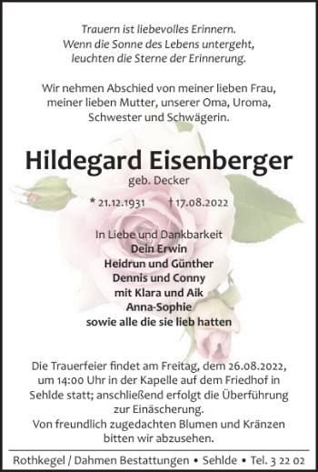 Traueranzeige von Hildegard Eisenberger von Salzgitter Zeitung