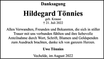 Traueranzeige von Hildegard Tönnies von Braunschweiger Zeitung