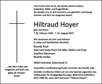 Traueranzeige von Hiltraud Hoyer von Helmstedter Nachrichten