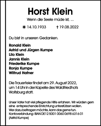 Traueranzeige von Horst Klein von Wolfsburger Nachrichten