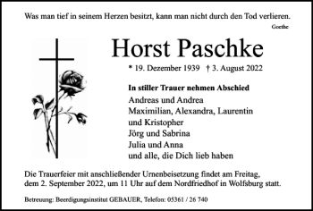Traueranzeige von Horst Paschke von Wolfsburger Nachrichten