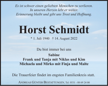 Traueranzeige von Horst Schmidt von Braunschweiger Zeitung