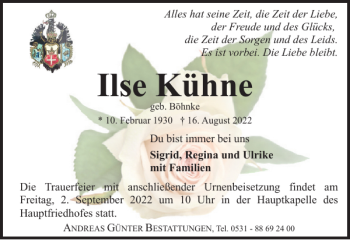 Traueranzeige von Ilse Kühne von Braunschweiger Zeitung
