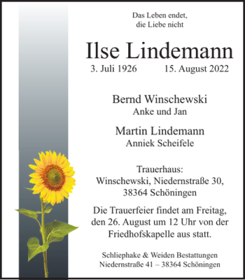 Traueranzeige von Ilse Lindemann von Helmstedter Nachrichten