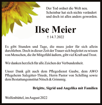 Traueranzeige von Ilse Meier von Wolfenbütteler Zeitung
