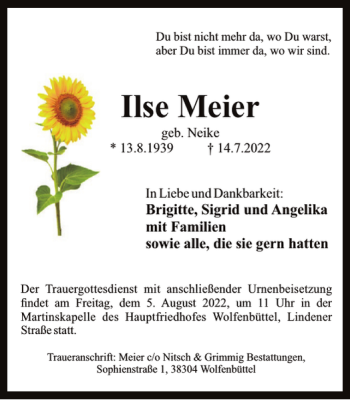 Traueranzeige von Ilse Meier von Wolfenbütteler Zeitung