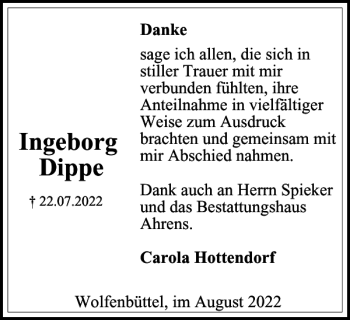 Traueranzeige von Ingeborg Dippe von Braunschweiger Zeitung