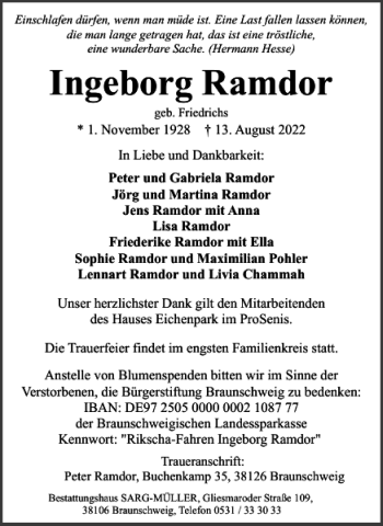 Traueranzeige von Ingeborg Ramdor von Wolfsburger Nachrichten