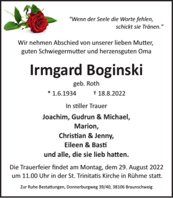 Traueranzeige von Irmgard Boginski von Braunschweiger Zeitung