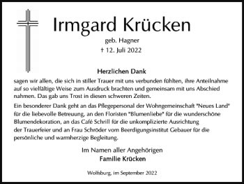 Traueranzeige von Irmgard Krücken von Wolfsburger Nachrichten
