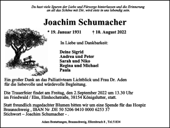 Traueranzeige von Joachim Schumacher von Braunschweiger Zeitung