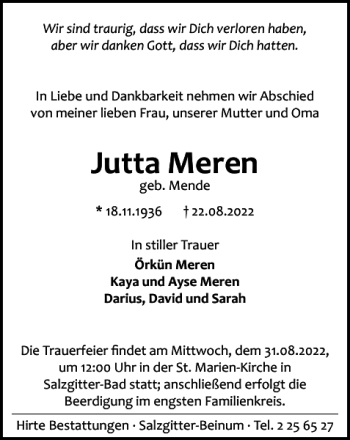 Traueranzeige von Jutta Meren von Salzgitter Zeitung