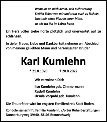 Traueranzeige von Karl Kumlehn von Braunschweiger Zeitung