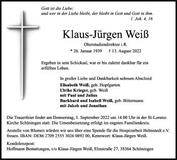 Traueranzeige von Klaus-Jürgen Weiß von Helmstedter Nachrichten