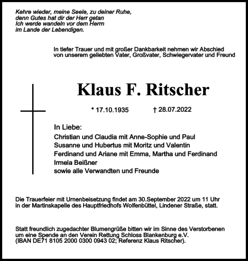  Traueranzeige für Klaus F. Ritscher vom 06.08.2022 aus Wolfenbütteler Zeitung
