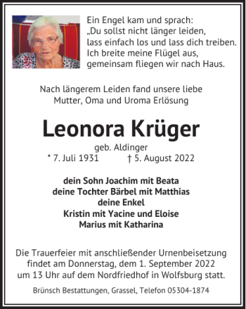 Traueranzeige von Leonora Krüger von Wolfsburger Nachrichten