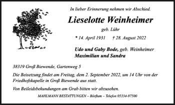 Traueranzeige von Lieselotte Weinheimer von Wolfenbütteler Zeitung