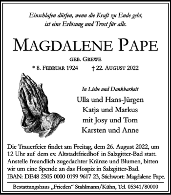 Traueranzeige von MAGDALENE PAPE von Salzgitter Zeitung