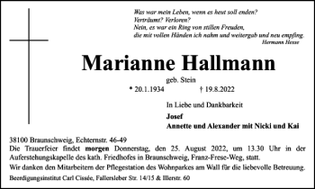 Traueranzeige von Marianne Hallmann von Braunschweiger Zeitung