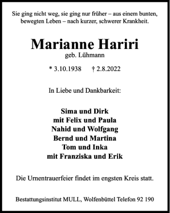 Traueranzeige von Marianne Hariri von Wolfenbütteler Zeitung