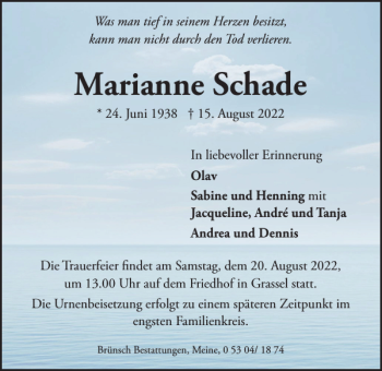 Traueranzeige von Marianne Schade von Braunschweiger Zeitung
