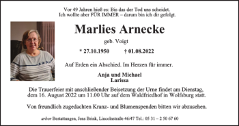 Traueranzeige von Marlies Arnecke von Wolfenbütteler Zeitung