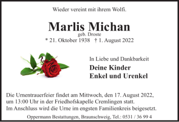 Traueranzeige von Marlis Michan von Braunschweiger Zeitung