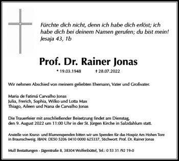 Traueranzeige von Prof. Dr. Rainer Jonas von Braunschweiger Zeitung