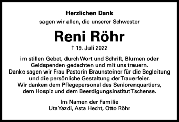 Traueranzeige von Reni Röhr von Wolfsburger Nachrichten