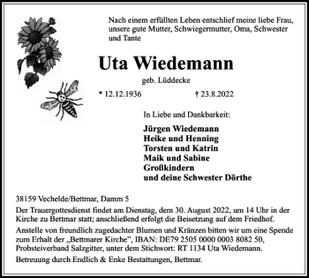 Traueranzeige von Uta Wiedemann von Braunschweiger Zeitung
