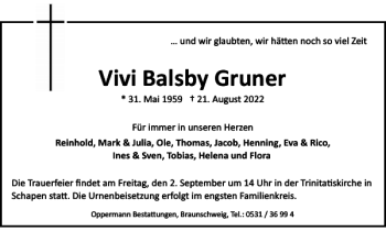Traueranzeige von Vivi Balsby Gruner von Braunschweiger Zeitung