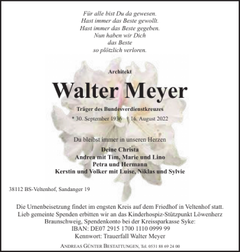 Traueranzeige von Walter Meyer von Braunschweiger Zeitung