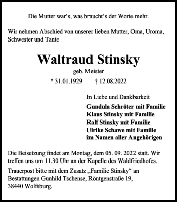 Traueranzeige von Waltraud Stinsky von Wolfsburger Nachrichten