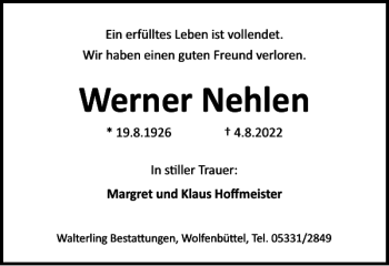 Traueranzeige von Werner Nehlen von Braunschweiger Zeitung