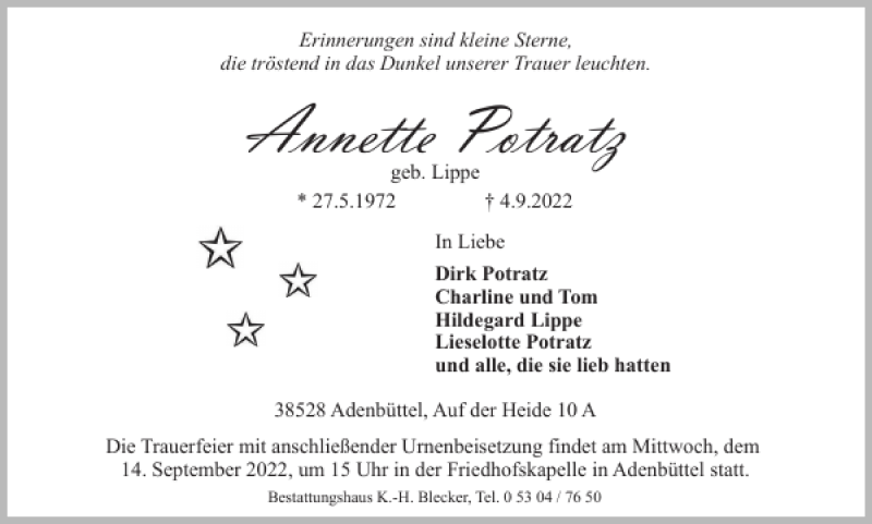  Traueranzeige für Annette Potratz vom 10.09.2022 aus Braunschweiger Zeitung