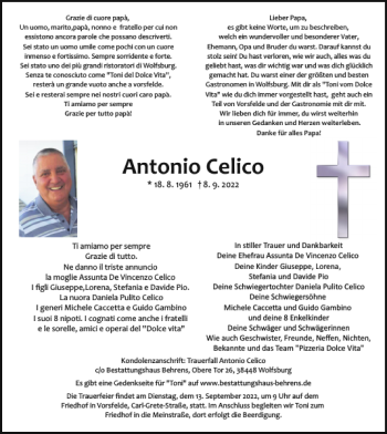 Traueranzeige von Antonio Celico von Wolfsburger Nachrichten