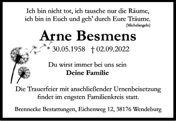 Traueranzeige von Arne Besmens von Braunschweiger Zeitung
