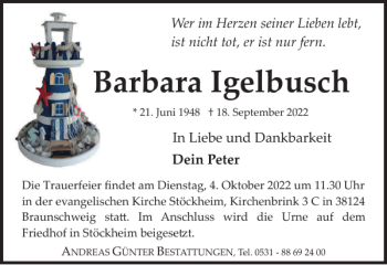 Traueranzeige von Barbara Igelbusch von Braunschweiger Zeitung