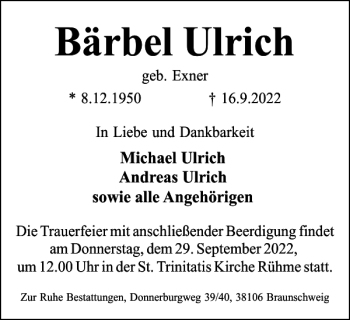Traueranzeige von Bärbel Ulrich von Braunschweiger Zeitung