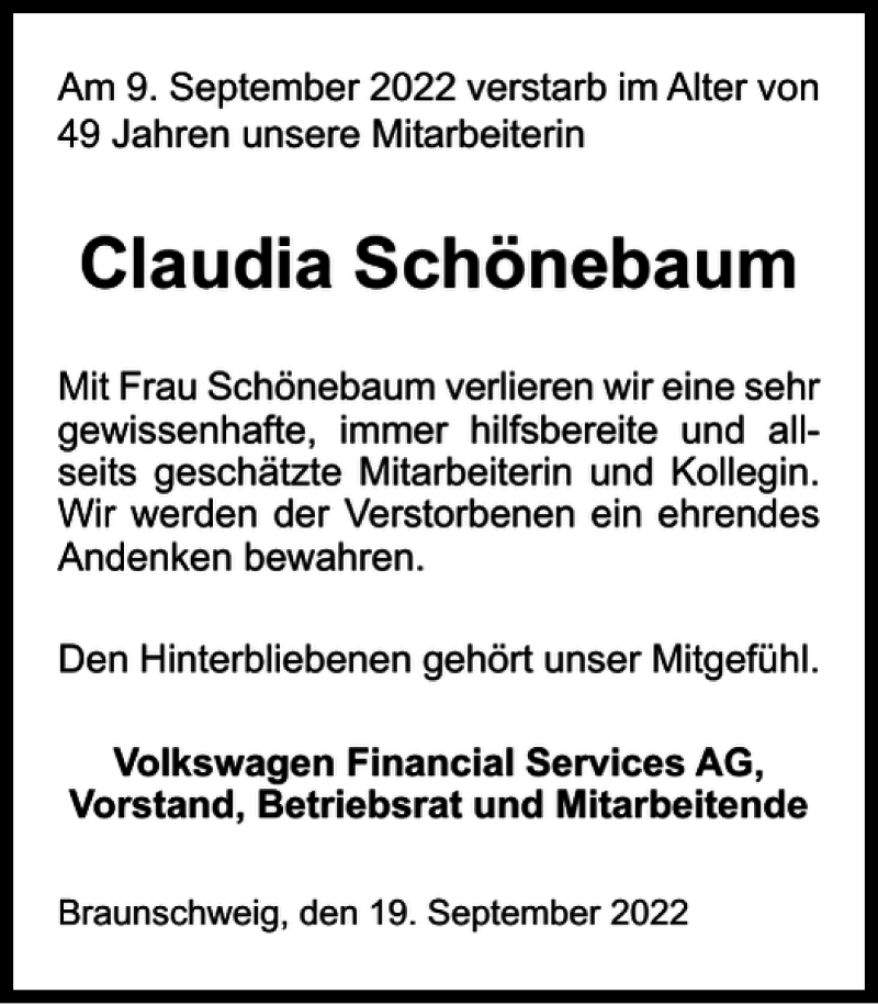  Traueranzeige für Claudia Schönebaum vom 19.09.2022 aus Braunschweiger Zeitung