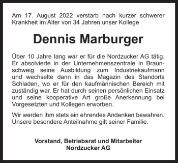 Traueranzeige von Dennis Marburger von Braunschweiger Zeitung