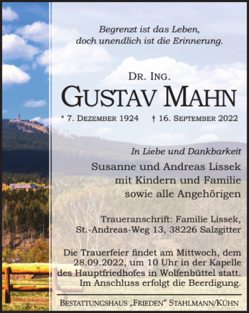 Traueranzeige von Dr. Ing. Gustav Mahn von Wolfenbütteler Zeitung