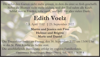 Traueranzeige von Edith Voelz von Wolfenbütteler Zeitung