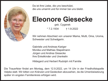 Traueranzeige von Eleonore Giesecke von Helmstedter Nachrichten